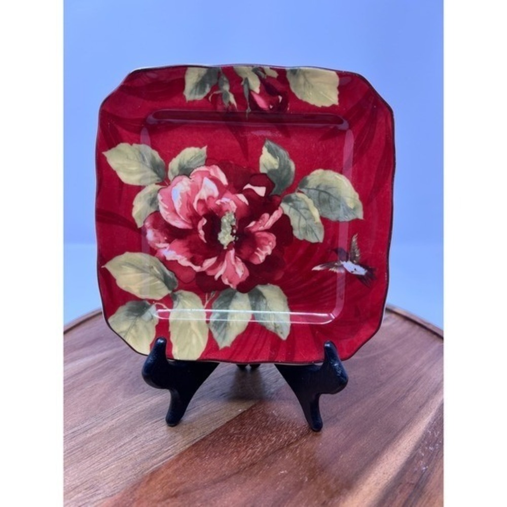222 Fifth Fine‎ China Square Dessert Plate Red Floral Hummingbird Elegant Dish